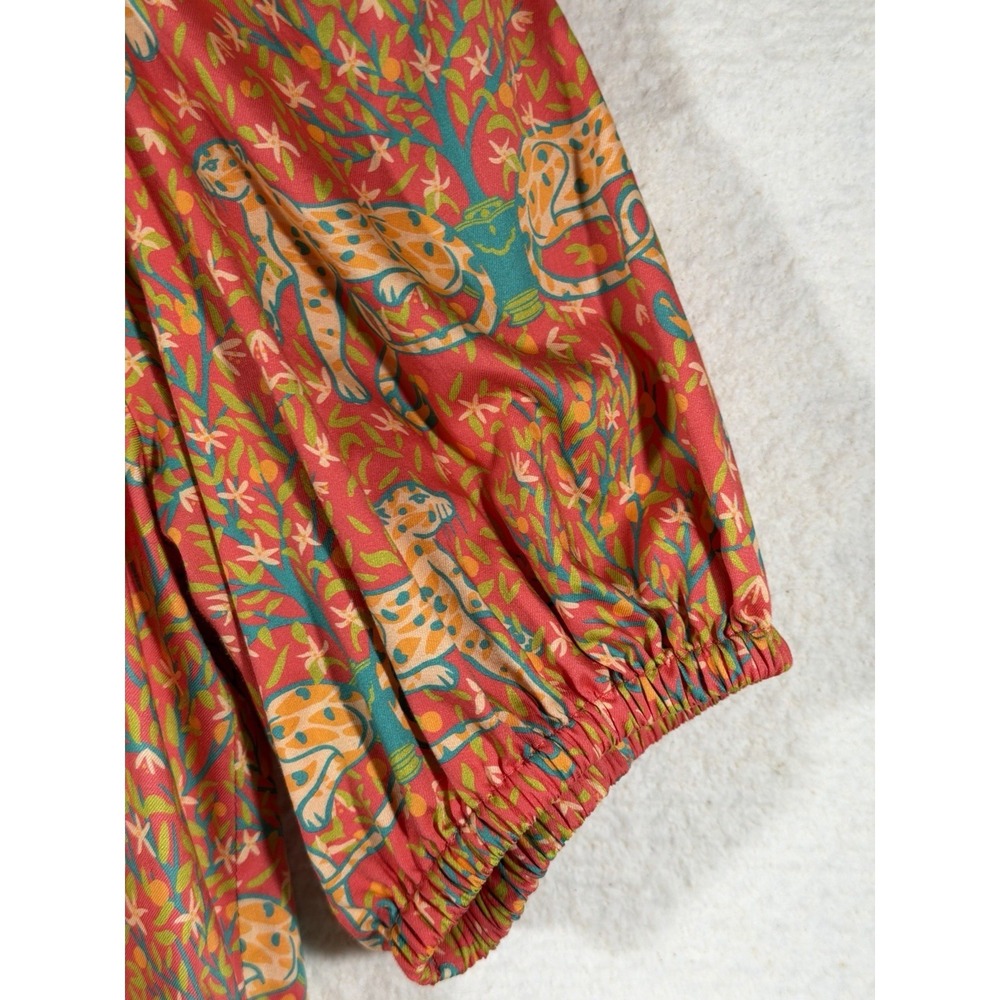 Emily McCarthy Midi Dress Women XS Orange Leopard Print Puff Sleeve V Neck Boho - Picture 5 of 15